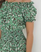 defox Rochie din bumbac Verde tip spaniolă cu flori cu elastic încrețit în talie Rosaliya