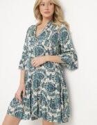 defox Rochie evazată Bleumarin-bej din bumbac cu volane cu imprimeu ornamental Lanoreth