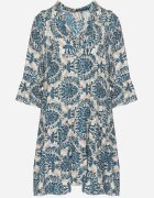 defox Rochie evazată Bleumarin-bej din bumbac cu volane cu imprimeu ornamental Lanoreth