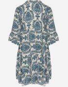 defox Rochie evazată Bleumarin-bej din bumbac cu volane cu imprimeu ornamental Lanoreth