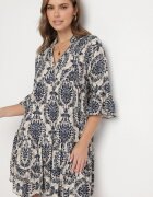 defox Rochie evazată bleumarin din bumbac cu volane cu model ornamental Lanoreth