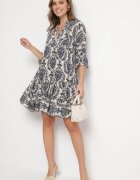 defox Rochie evazată bleumarin din bumbac cu volane cu model ornamental Lanoreth