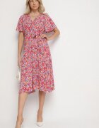 defox Rochie Evazată Roșie Florală cu Decolteu Petrecut Plisată Lanasira