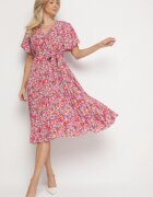 defox Rochie Evazată Roșie Florală cu Decolteu Petrecut Plisată Lanasira
