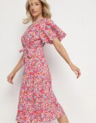 defox Rochie Evazată Roșie Florală cu Decolteu Petrecut Plisată Lanasira