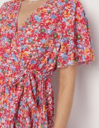 defox Rochie Evazată Roșie Florală cu Decolteu Petrecut Plisată Lanasira