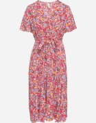 defox Rochie Evazată Roșie Florală cu Decolteu Petrecut Plisată Lanasira