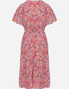 defox Rochie Evazată Roșie Florală cu Decolteu Petrecut Plisată Lanasira