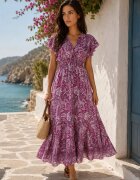 defox Rochie evazată tip plic violetă din bumbac cu model Paisley cu elastic în talie Zonne
