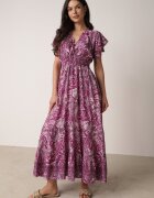 defox Rochie evazată tip plic violetă din bumbac cu model Paisley cu elastic în talie Zonne