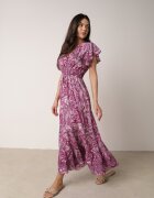 defox Rochie evazată tip plic violetă din bumbac cu model Paisley cu elastic în talie Zonne