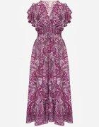 defox Rochie evazată tip plic violetă din bumbac cu model Paisley cu elastic în talie Zonne