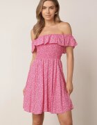 defox Rochie fucsia de bumbac cu decolteu spaniol și partea superioară încrețită cu imprimeu floral Samorea
