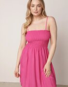 defox Rochie Fucsia din Bumbac cu Bretele și Decolteu Încrețit Krisele