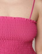 defox Rochie Fucsia din Bumbac cu Bretele și Decolteu Încrețit Krisele