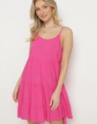 defox Rochie fucsia evazată din bumbac cu bretele cu volane Lilivane
