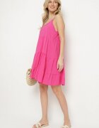 defox Rochie fucsia evazată din bumbac cu bretele cu volane Lilivane