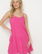 defox Rochie fucsia evazată din bumbac cu bretele cu volane Lilivane