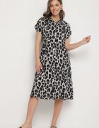 defox Rochie Gri-Neagră din bumbac tip cămașă cu buzunare cu imprimeu leopard Iffanea