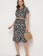 defox Rochie Gri-Neagră din bumbac tip cămașă cu buzunare cu imprimeu leopard Iffanea