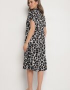 defox Rochie Gri-Neagră din bumbac tip cămașă cu buzunare cu imprimeu leopard Iffanea