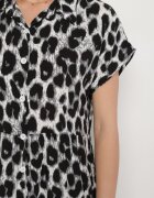 defox Rochie Gri-Neagră din bumbac tip cămașă cu buzunare cu imprimeu leopard Iffanea
