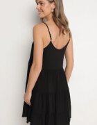 defox Rochie Neagră Cloș din Bumbac cu Bretele cu Volane Lilivane