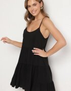 defox Rochie Neagră Cloș din Bumbac cu Bretele cu Volane Lilivane