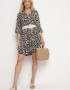 defox Rochie Neagră Cloș din Bumbac cu Model Etnic Zalista