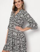 defox Rochie Neagră de bumbac cloș cu volan cu imprimeu ornamental Laneloren