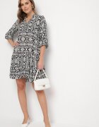 defox Rochie Neagră de bumbac cloș cu volan cu imprimeu ornamental Laneloren