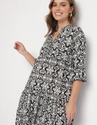 defox Rochie Neagră de bumbac cloș cu volan cu imprimeu ornamental Laneloren