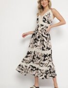defox Rochie Neagră de bumbac Evazată cu Dantelă cu Imprimeu Tropical Alusela