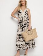 defox Rochie Neagră de bumbac Evazată cu Dantelă cu Imprimeu Tropical Alusela
