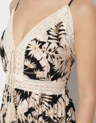 defox Rochie Neagră de bumbac Evazată cu Dantelă cu Imprimeu Tropical Alusela