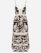 defox Rochie Neagră de bumbac Evazată cu Dantelă cu Imprimeu Tropical Alusela