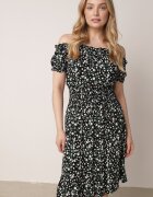 defox Rochie Neagră de Bumbac Stil Spaniolă cu Imprimeu Floral și Elastic Încrețit în Talie Rosaliya