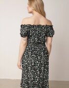 defox Rochie Neagră de Bumbac Stil Spaniolă cu Imprimeu Floral și Elastic Încrețit în Talie Rosaliya