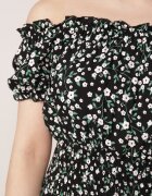 defox Rochie Neagră de Bumbac Stil Spaniolă cu Imprimeu Floral și Elastic Încrețit în Talie Rosaliya