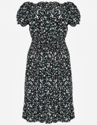 defox Rochie Neagră de Bumbac Stil Spaniolă cu Imprimeu Floral și Elastic Încrețit în Talie Rosaliya