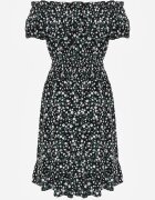 defox Rochie Neagră de Bumbac Stil Spaniolă cu Imprimeu Floral și Elastic Încrețit în Talie Rosaliya