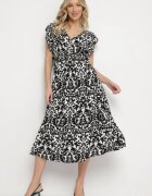 defox Rochie neagră din bumbac cloche cu volane cu model ornamental Zaliette