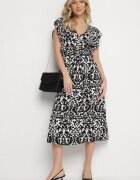 defox Rochie neagră din bumbac cloche cu volane cu model ornamental Zaliette
