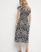 defox Rochie neagră din bumbac cloche cu volane cu model ornamental Zaliette