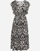 defox Rochie neagră din bumbac cloche cu volane cu model ornamental Zaliette