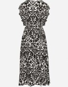 defox Rochie neagră din bumbac cloche cu volane cu model ornamental Zaliette