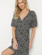 defox Rochie Neagră din Bumbac Cloș cu flori Esirive