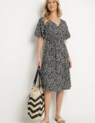 defox Rochie Neagră din Bumbac Cloș cu flori Esirive
