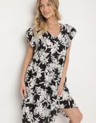 defox Rochie neagră din bumbac cu croi cloș cu flori Libella