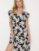 defox Rochie neagră din bumbac cu croi cloș cu flori Libella